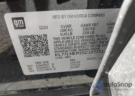 2025 Chevrolet Trax 1Lt from USA, damaged, VIN KL77LHEP2SC187721